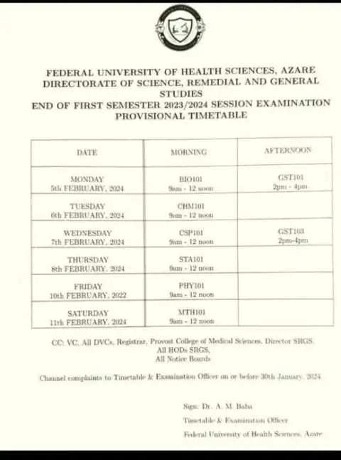FUHSA end of first semester examination timetable, 2023/2024
