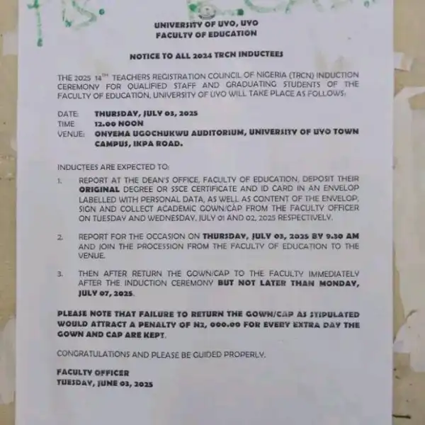 UNIUYO Faculty of Education notice to all TRCN inductees