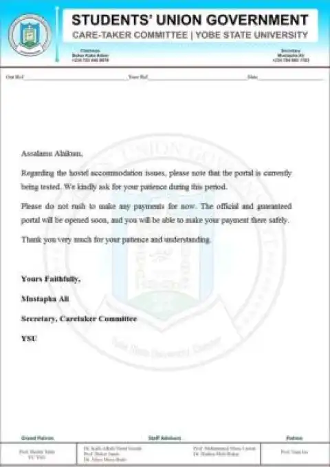 YSU SUG notice on hostel accommodation portal