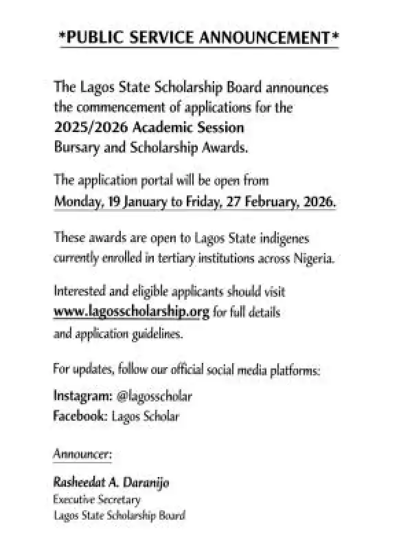 Lagos State Scholarship Board announces Scholarship and Bursary awards application, 2025/2026