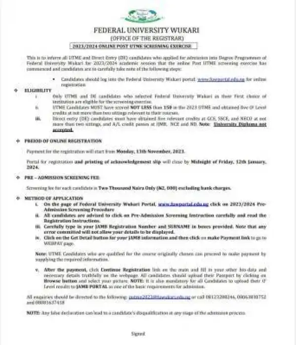 FUWukari Post-UTME/DE 2023: cut-off mark, eligibility and registration details