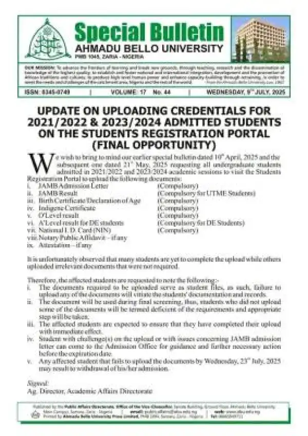 ABU final notice on upload of credentials for admitted students, 2022/2022 & 2023/2024