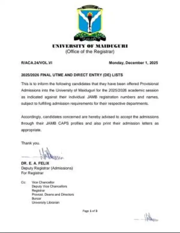 UNIMAID final UTME/DE admission list, 2025/2026