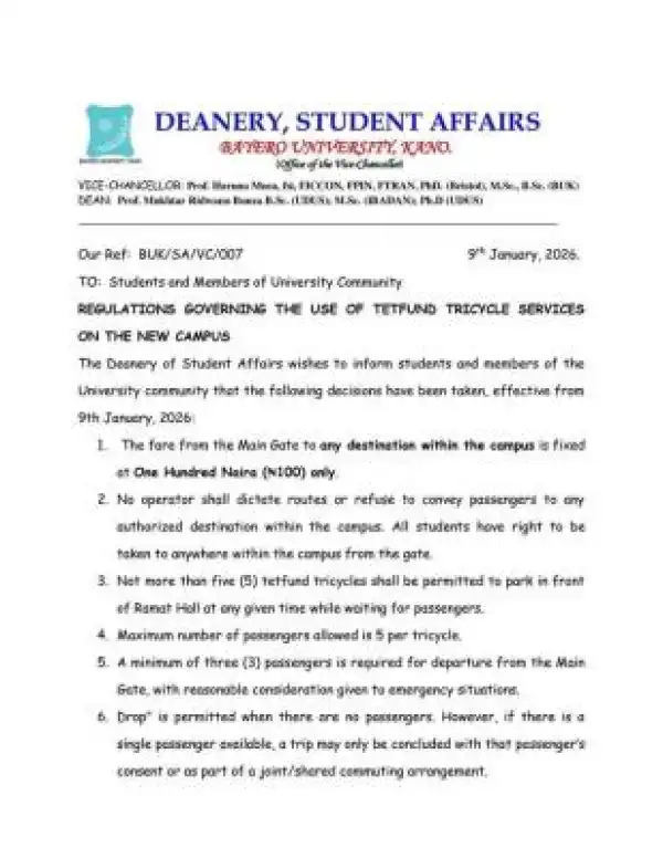 BUK notice on rules governing the use of tricycle within the new campus