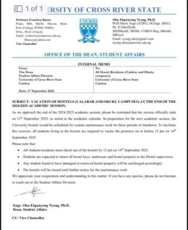 UNICROSS notice on vacation from the hostels at the end of the 2024/2025 session