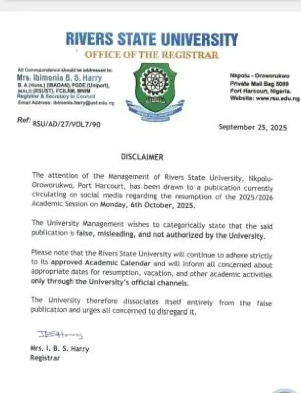 RSU disclaimer notice on resumption of 2025/2026 academic session