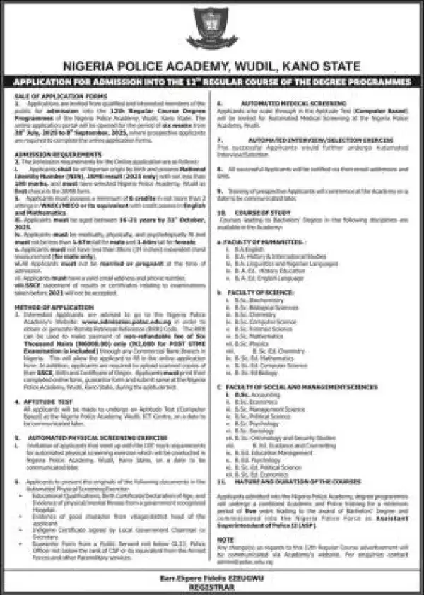 Nigeria Police Academy 12th Regular Course Admission
