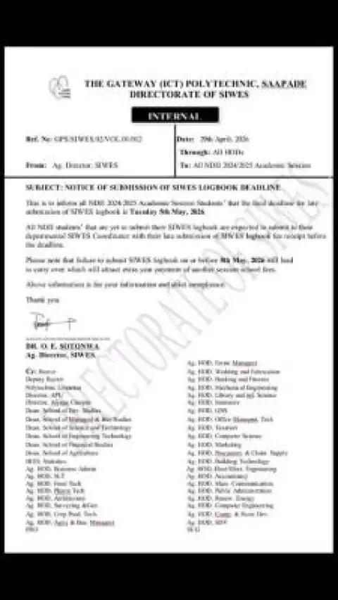 Gateway ICT Polytechnic, Saapade notice on deadline for submission of SIWES Logbooks