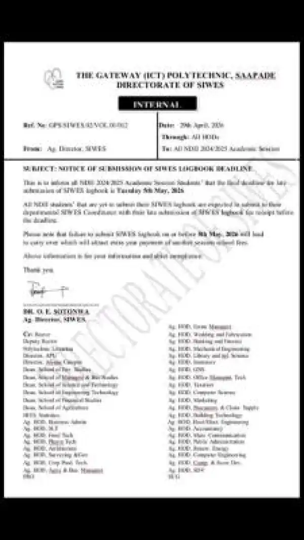 Gateway ICT Polytechnic, Saapade notice on deadline for submission of SIWES Logbooks