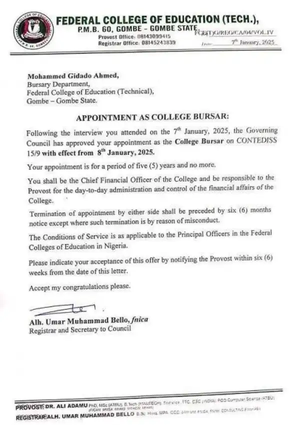 Fed College of Education Technical, Gombe appoints new bursar