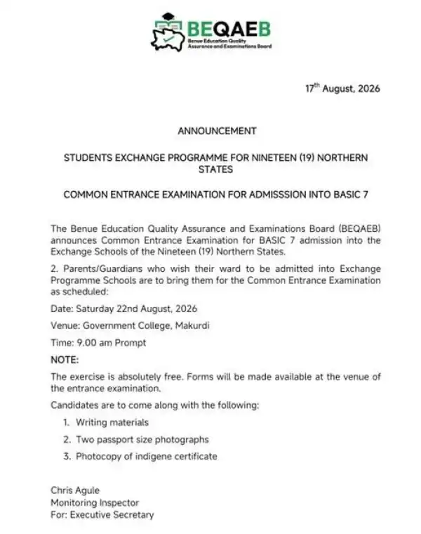 BEQAEB announces Common Entrance Exam for Admission into Basic 7