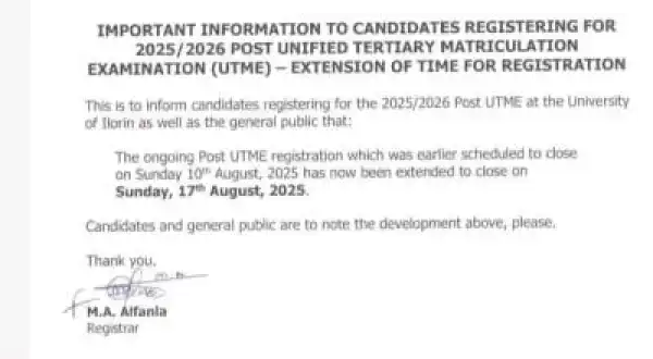 UNILORIN extends Post-UTME registration exercise, 2025/2026