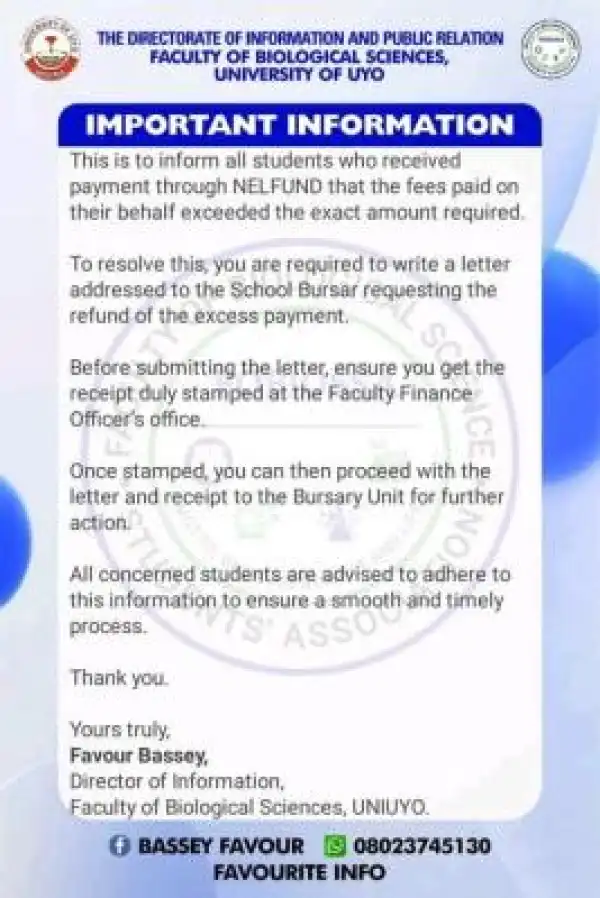 UNIUYO Faculty of Biological Sciences notice on refund process for NELFUND overpayment