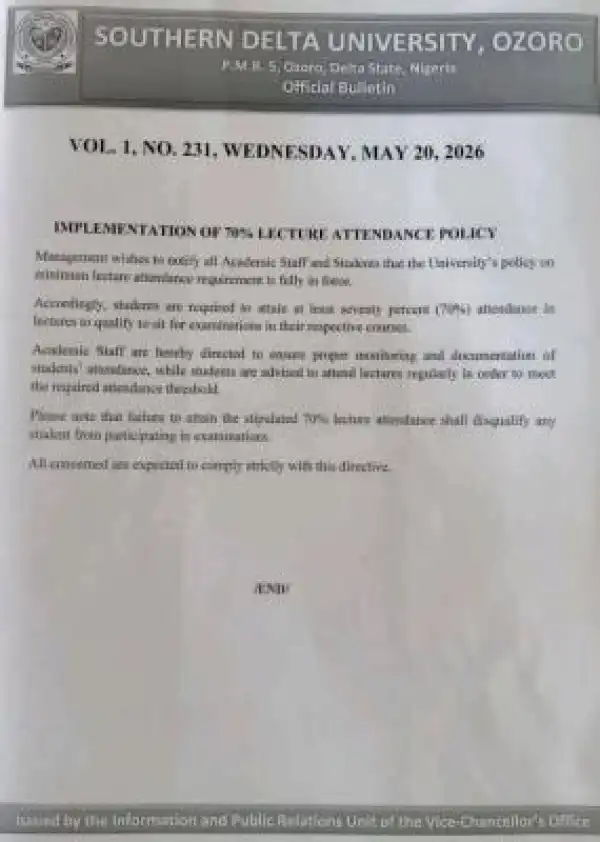 Southern Delta University reiterates mandatory of 70% lecture attendance Policy