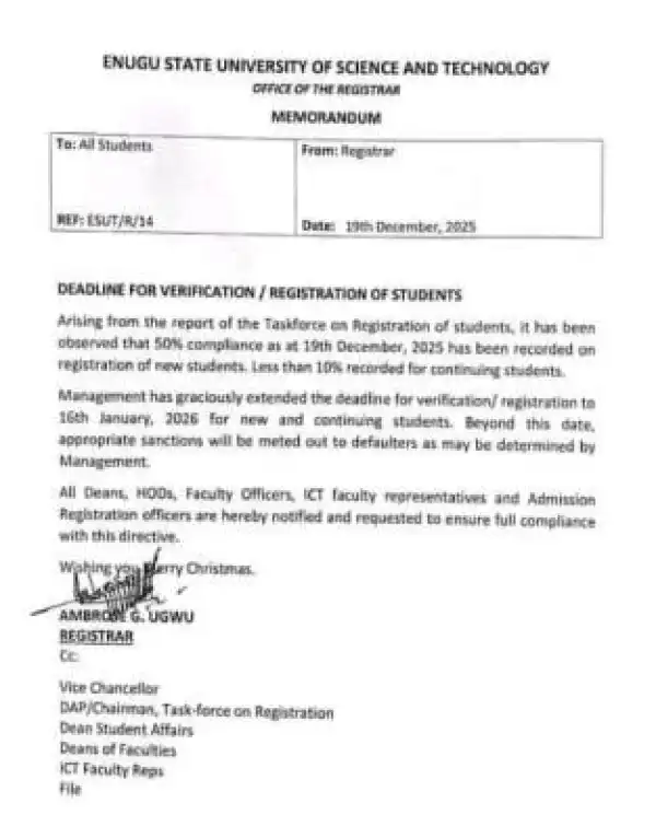 ESUT extends deadline for students’ verification and registration