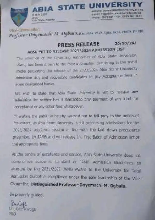ABSU yet to release 2023/2024 admission lists on school portal -MGT