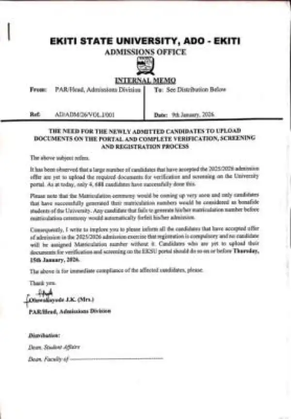 EKSU notice to new students on deadline for online documentation and registration