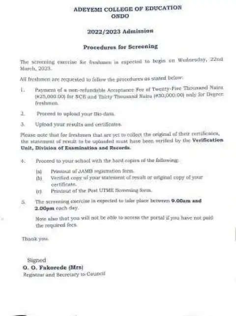 ACEONDO new students' screening procedure, 2022/2023