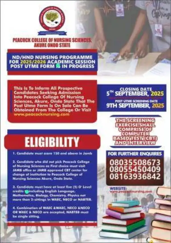 Peacock College of Nursing Sciences, Akure ND/HND Admission form, 2025/2026