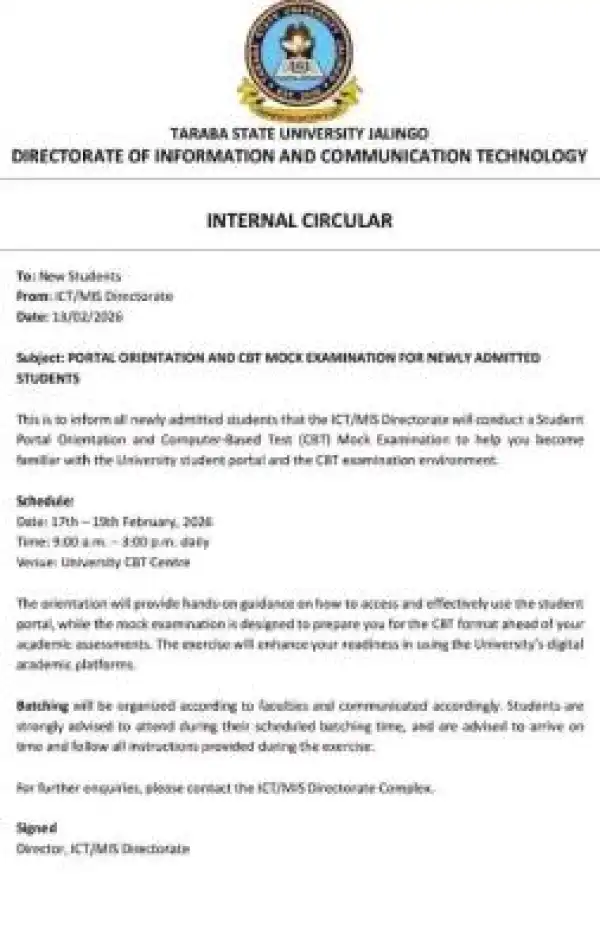 TASU announces portal and CBT familiarization training for new students