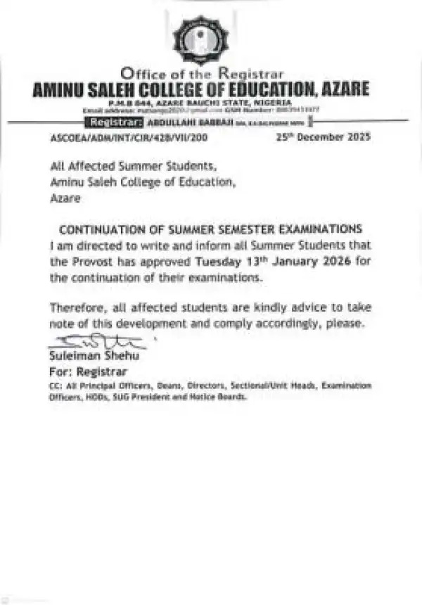 Aminu Saleh College of Education, Azare announces continuation of summer semester exam