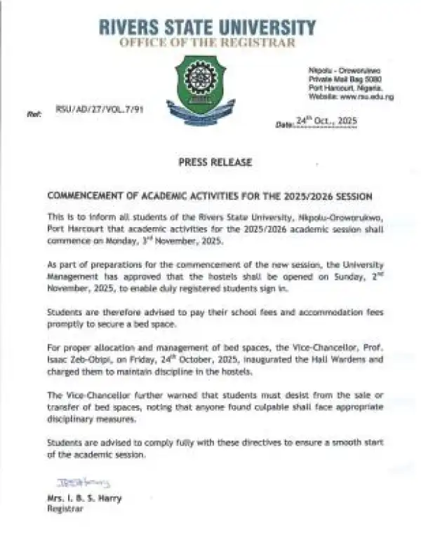 RSUST announces commencement of 2025/26 academic session