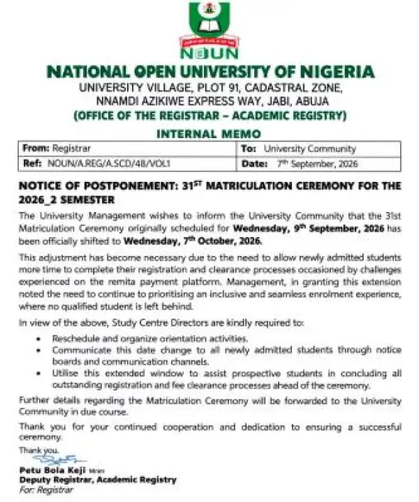 NOUN postpones 31st Matriculation Ceremony