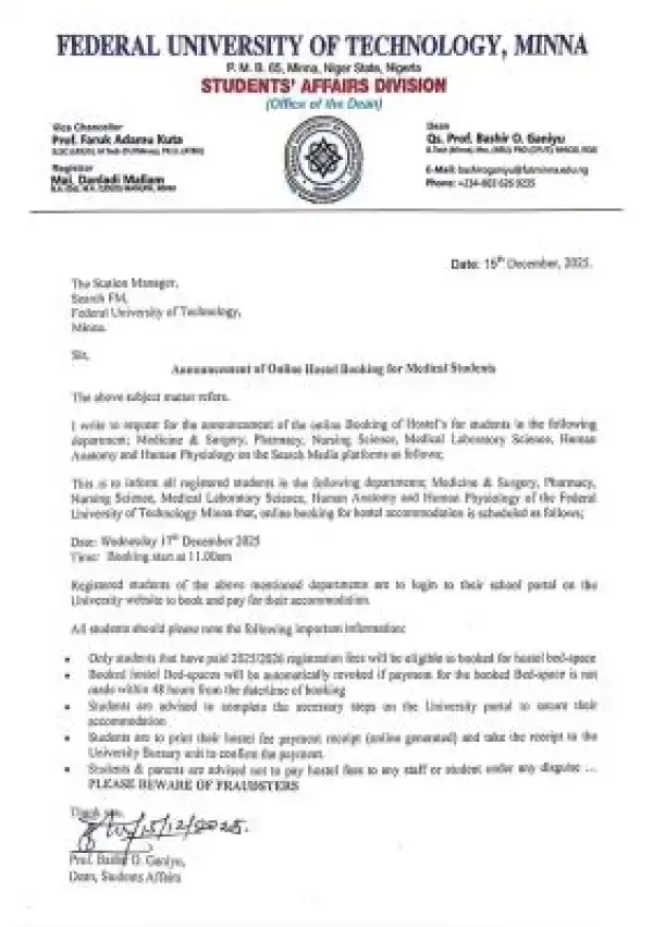 FUTMINNA announces online hostel booking for medical students