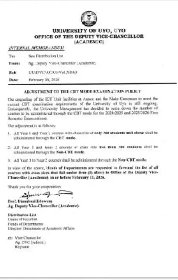 UNIUYO notice on adjustment to the CBT mode of exams