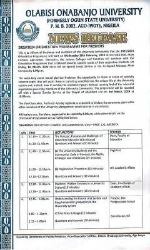 OOU notice on freshers orientation programme