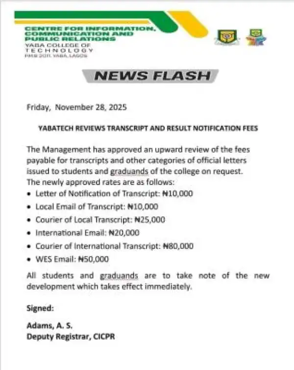 YABATECH announces new transcript and result notification fees