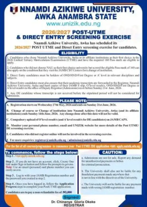 UNIZIK Post-UTME/DE 2026: Cut-off mark, Eligibility and Registration Details