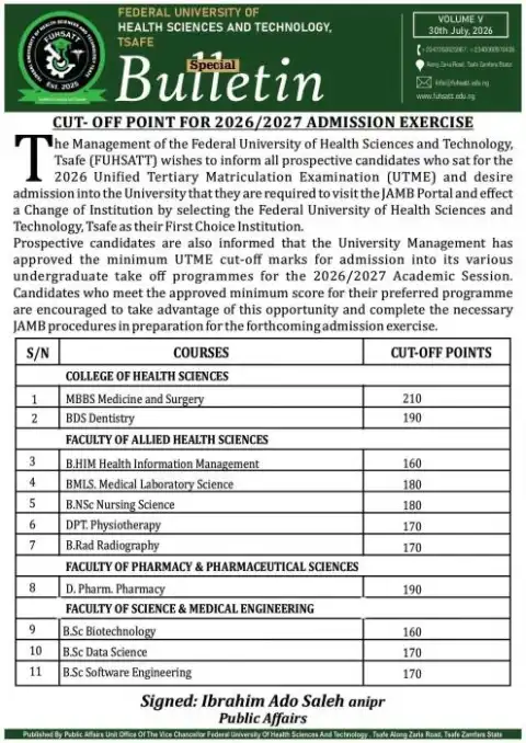 Fed. University of Health Sci. & Tech. Tsafe Post-UTME 2026: Cut-off mark, Eligibility and Registration