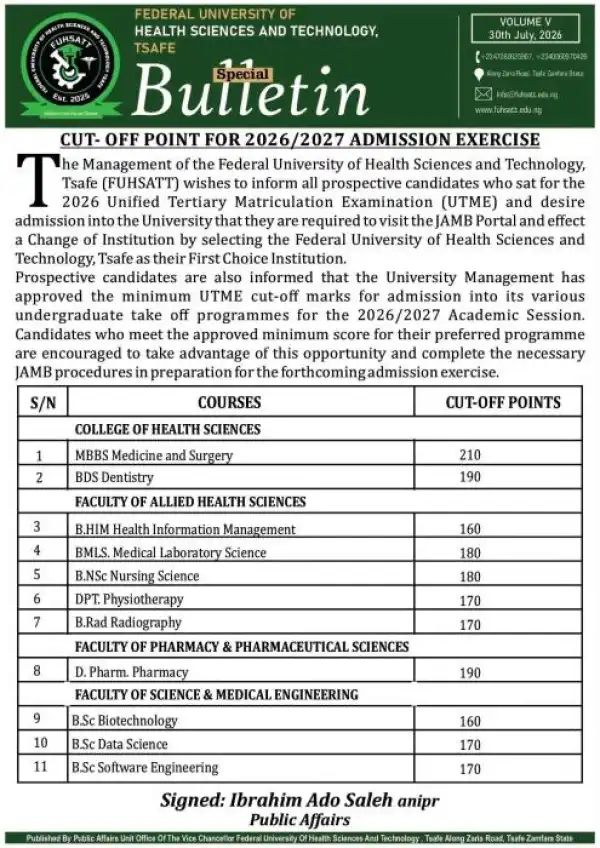 Fed. University of Health Sci. & Tech. Tsafe Post-UTME 2026: Cut-off mark, Eligibility and Registration