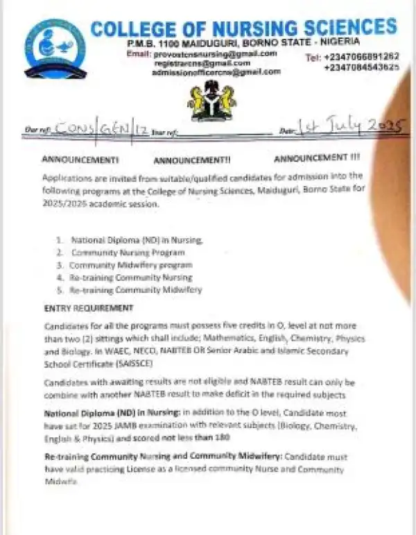 College of Nursing Sciences, Maiduguri Admission forms, 2025/2026