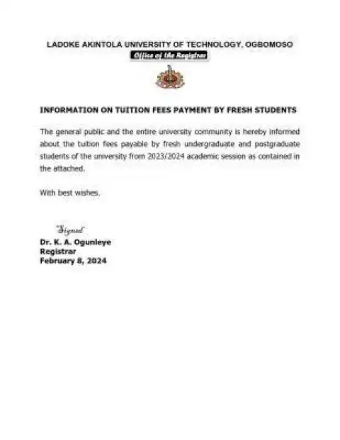 LAUTECH information on tuition fees payment by fresh students, 2023/2024