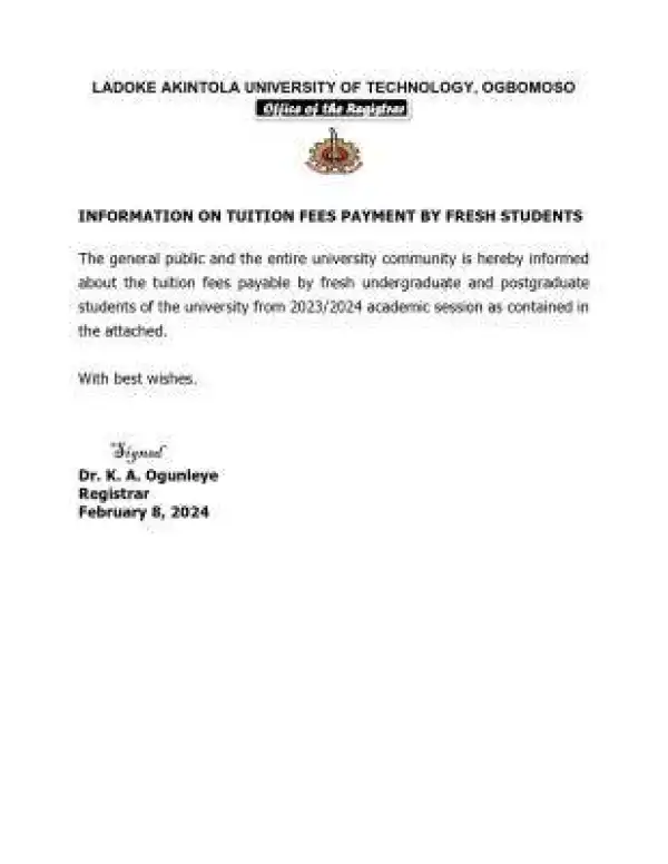 LAUTECH information on tuition fees payment by fresh students, 2023/2024