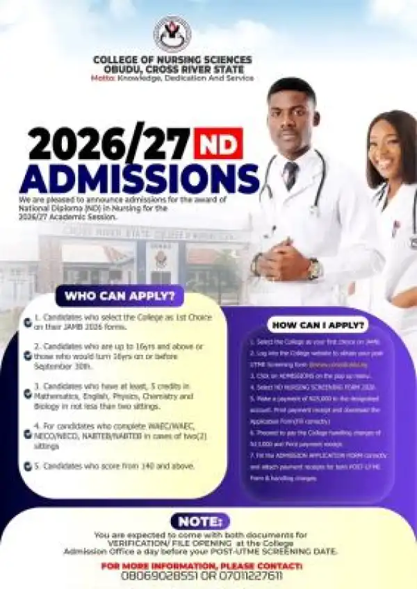 College of Nursing Sciences, Obudu Opens ND Nursing Admissions for 2026/2027 Session