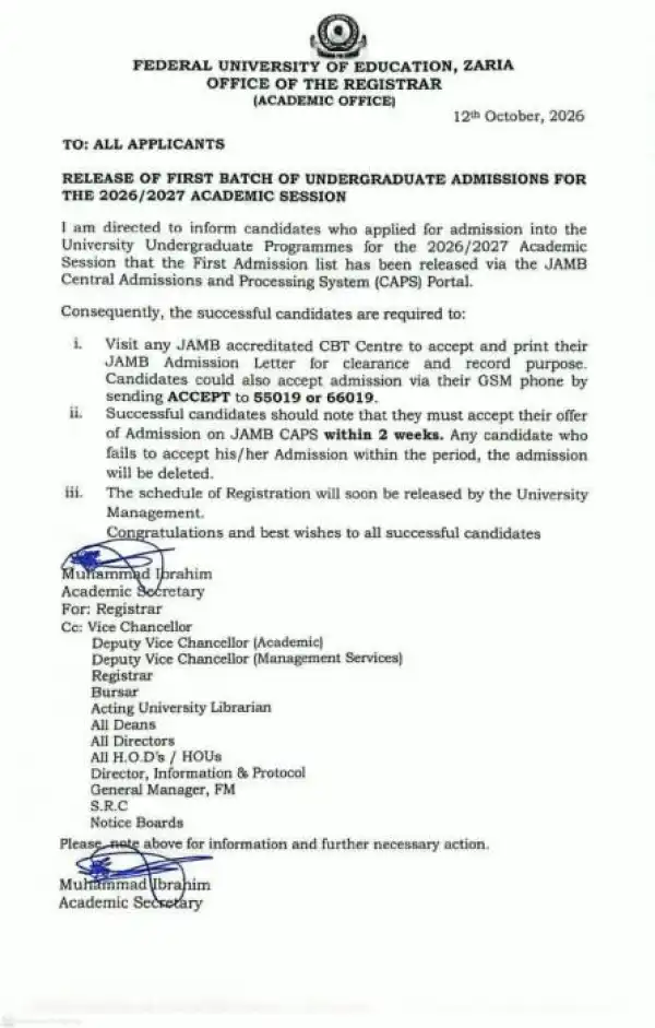 FUE Zaria Admission List for 2026/2027
