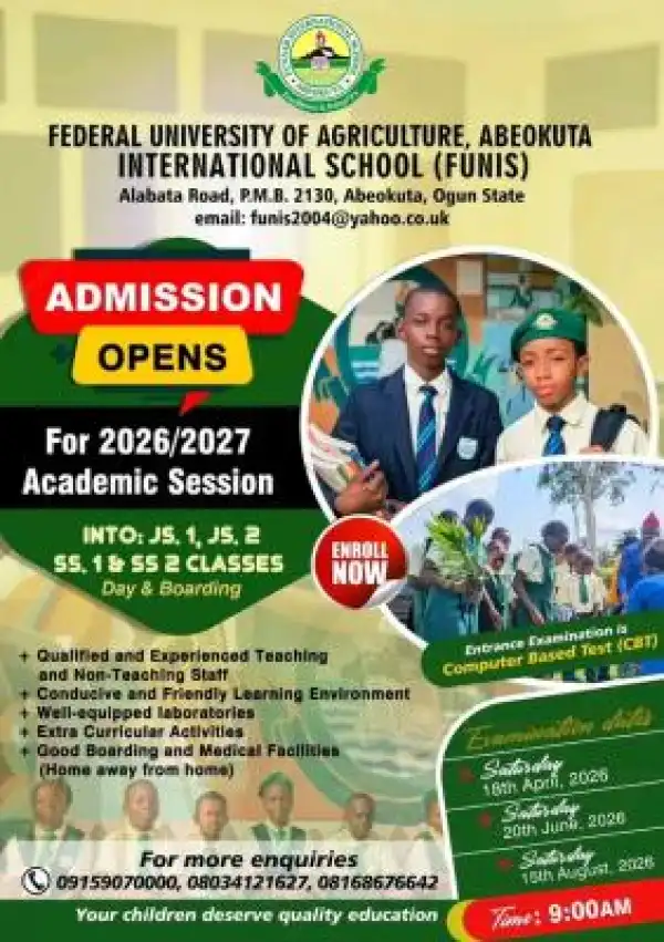 Federal University of Agriculture, Abeokuta International School (FUNIS) Admission for 2026/2027 Session