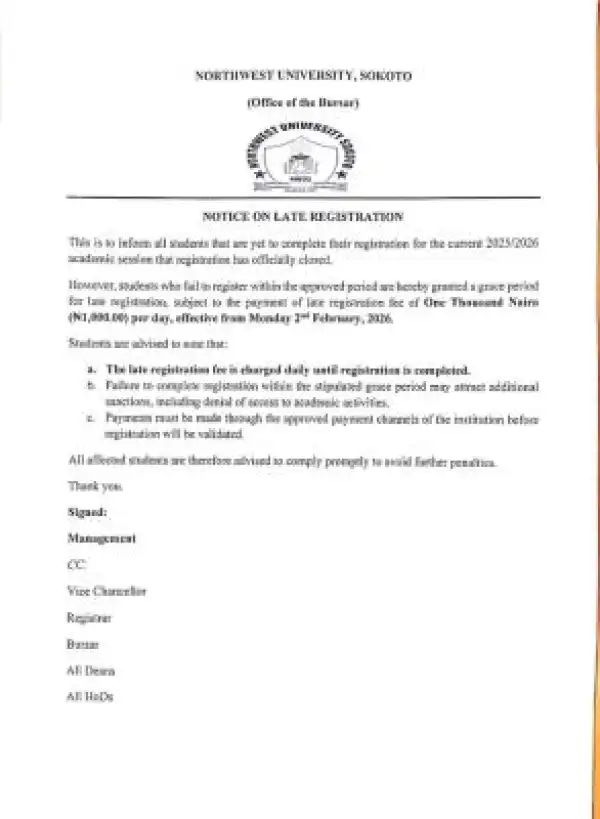 Northwest University, Sokoto imposes fee for late registration