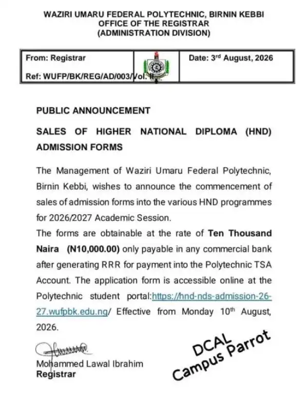 Waziri Umaru Federal Poly announces HND Application form, 2026/27 Session