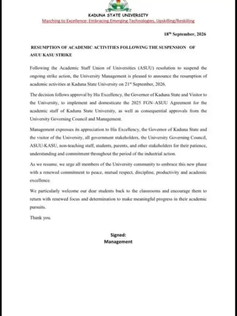 KASU suspends ASUU strike, announces resumption of academic activities