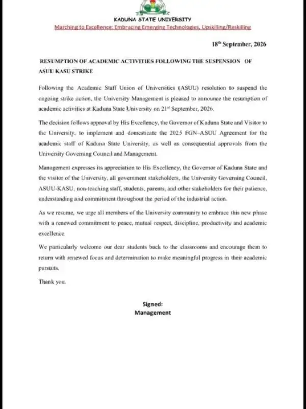KASU suspends ASUU strike, announces resumption of academic activities