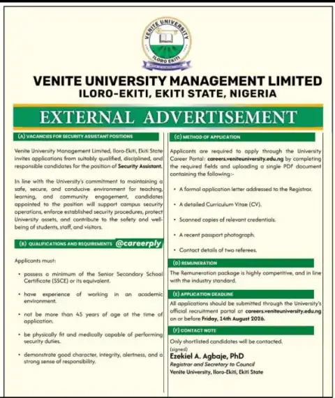 Venite University announces recruitment for security assistants