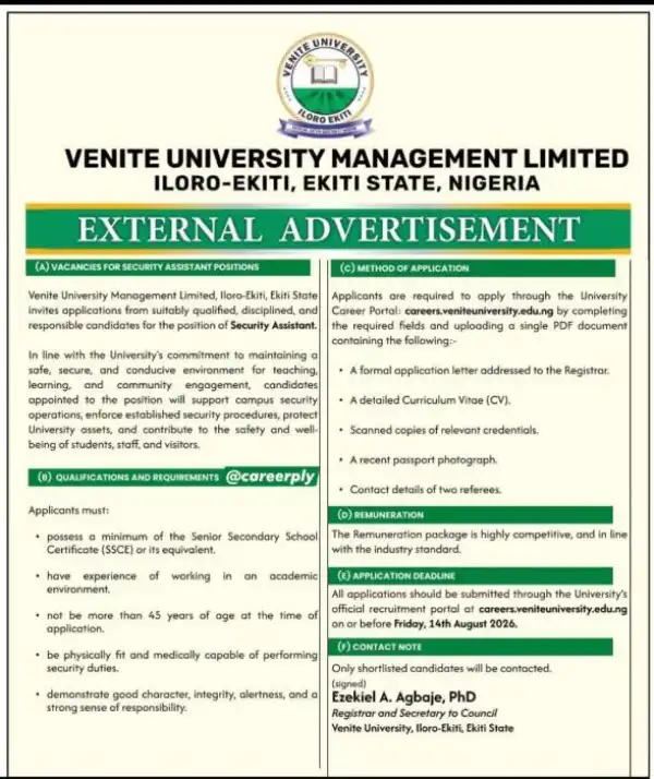 Venite University announces recruitment for security assistants