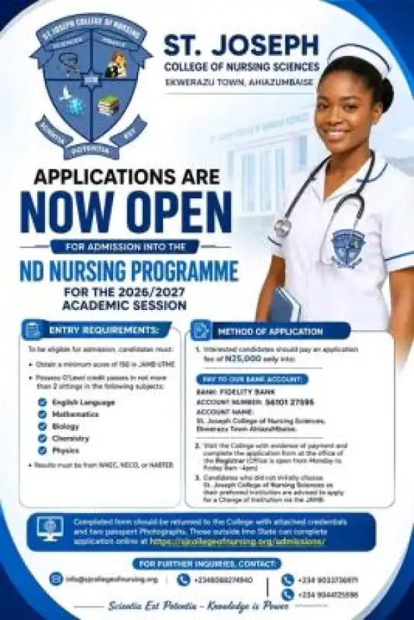 St. Joseph College of Nursing Sciences Opens Admission for 2026/2027 ND Nursing Programme
