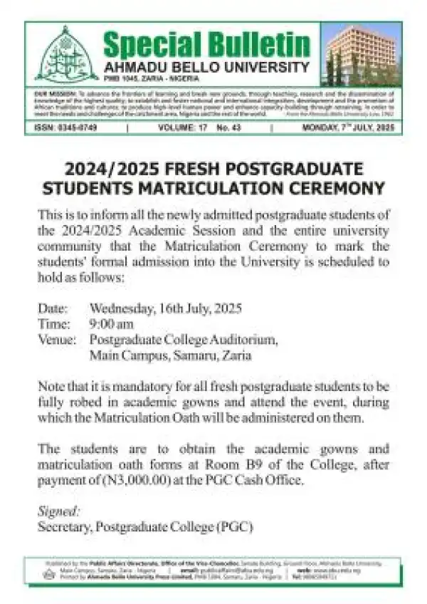 ABU Zaria Postgraduate Matriculation Ceremony, 2024/2025