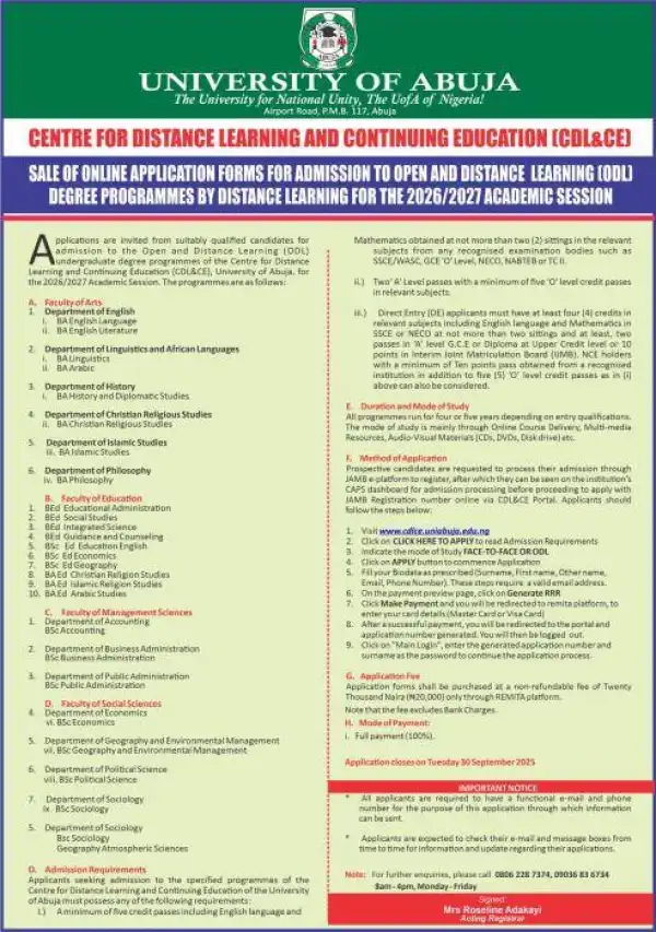 UNIABUJA Open and Distance Learning (ODL) degree programmes, 2026/2027