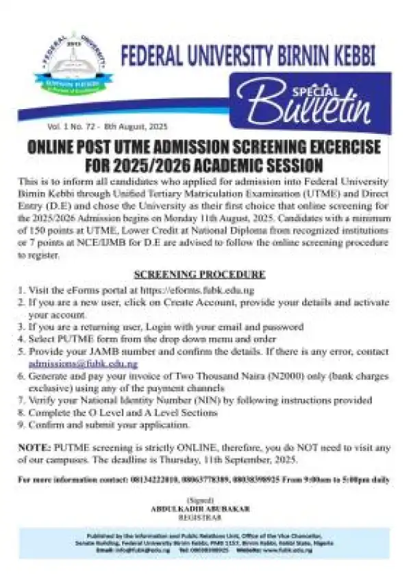 FUBK Post-UTME/DE 2025: Cut-off mark, Eligibility and Registration Details